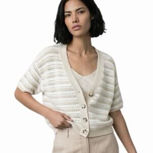 Universal Thread Women's Cardigan Sweater S White & Cream Open Knit Short Sleeve